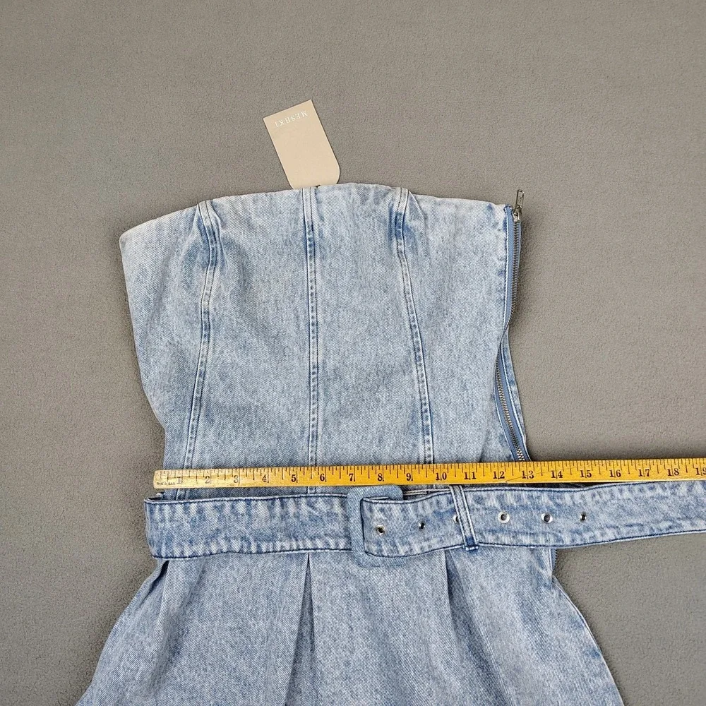 Meshki Mini Dress Medium Strapless Pleated Blue Denim Belted Flirty Festival New